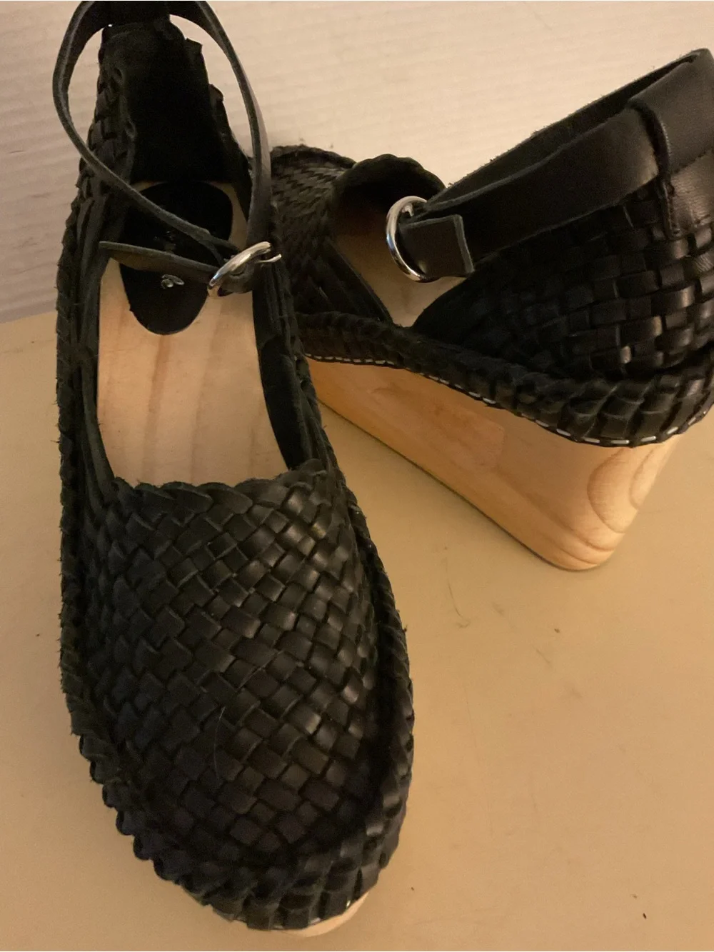 Free People women Black leather Woven Ankle-Strap Platform Wedges sandals US 8